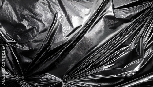 black and white detailed texture of rumpled glossy plastic sheet horizontal diagonal sharp creases bright highlights and deep dark fold shadows irregular crumpled film surface