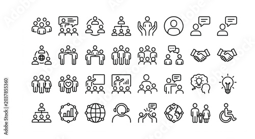 Tableau sur toile People and human thin line icon set with community and teamwork vectors