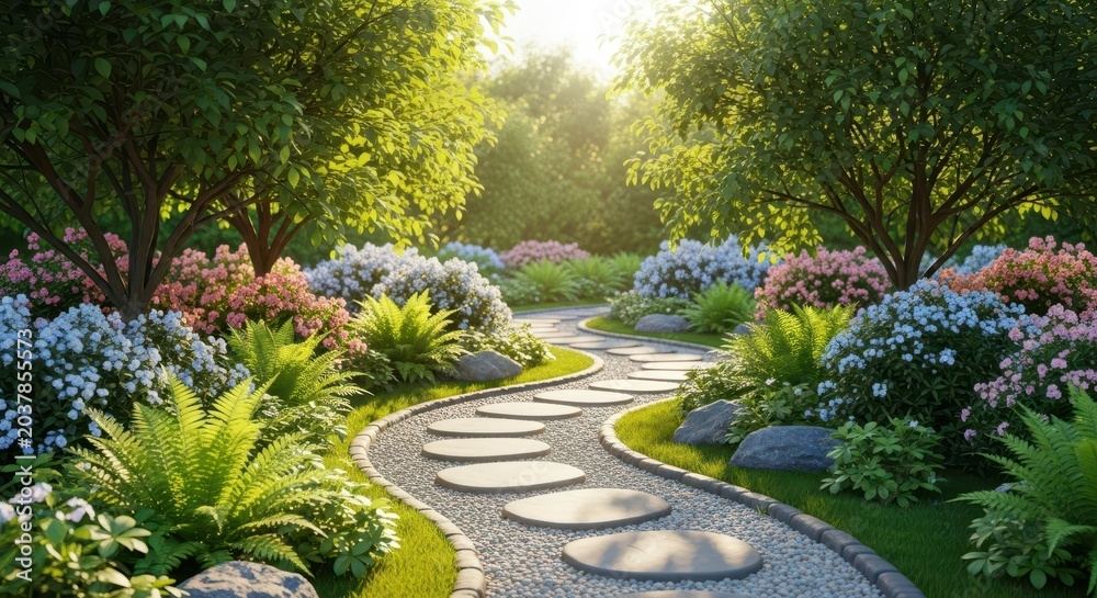 Obraz premium A peaceful, sun-drenched garden sanctuary designed for expectant parents, featuring lush greenery and winding stone paths for tranquil reflection, abundance, flourishing, sunlight
