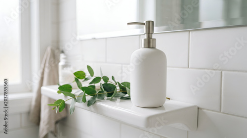Soap dispenser on bathroom shelf with plant.
