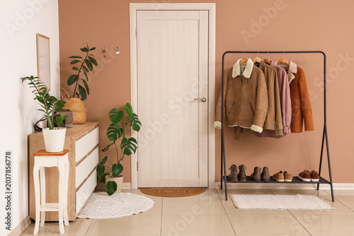 Fotografija Cozy modern entryway interior with coat rack, autumn jackets, shoes, houseplants