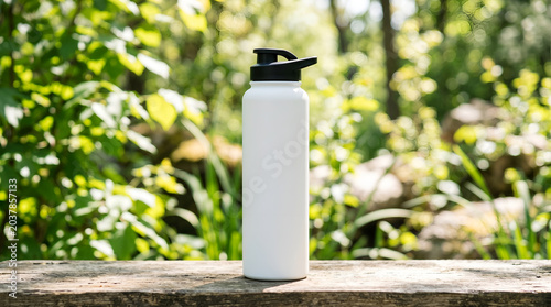 White reusable water bottle outdoors.