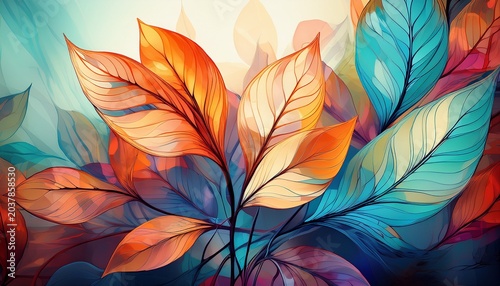 abstract botanical art with colorful translucent leaves