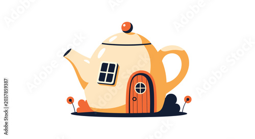 Whimsical teapot house with a wooden door and window nestled among small flowers creates a cozy fantasy scene.