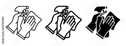 3 Cleaning service silhouette icons, hand holding spray bottle and cloth, solid black style, household cleaning