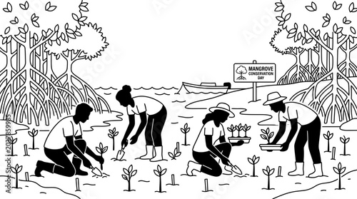 Tableau sur toile Group of volunteers planting mangrove saplings in a coastal restoration project