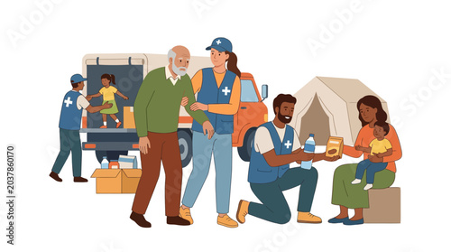 Quadro su tela Volunteers providing humanitarian aid and support to refugees and people in need