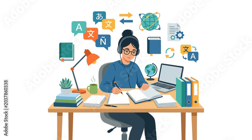 Tableau sur toile Young woman working as a professional language translator at her desk