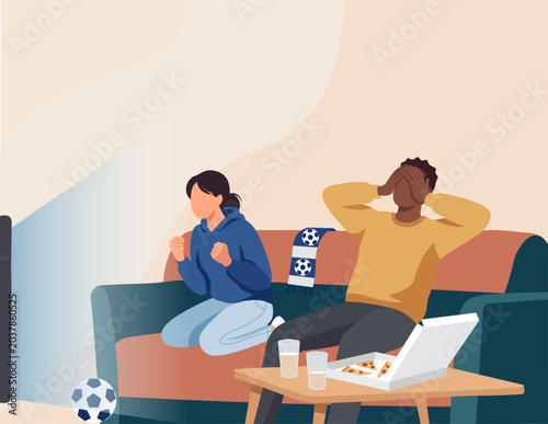Football fans watching a football championship match on TV while sitting on the sofa with pizza. Vector illustration.