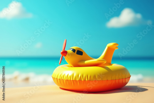 Inflatable Ring With Airplane Concept. Creative Summer Travel Composition. Affordable Vacation Concept Scene.