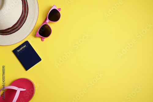 Summer Vacation Essentials Flat Lay. Beach Accessories On Yellow Background. Travel Summer Concept Composition.