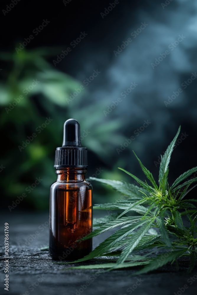 Fototapeta premium Amber glass dropper bottle with cannabis leaves and soft atmospheric lighting