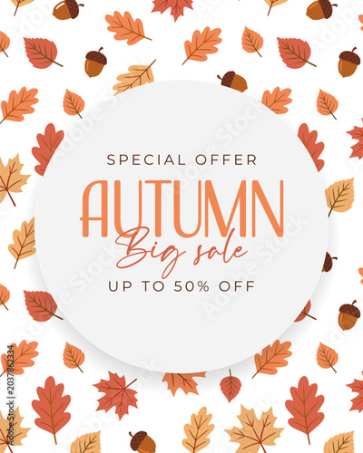 Autumn Big Sale Banner with Fall Leaves and Acorns Seamless Pattern Vector Background