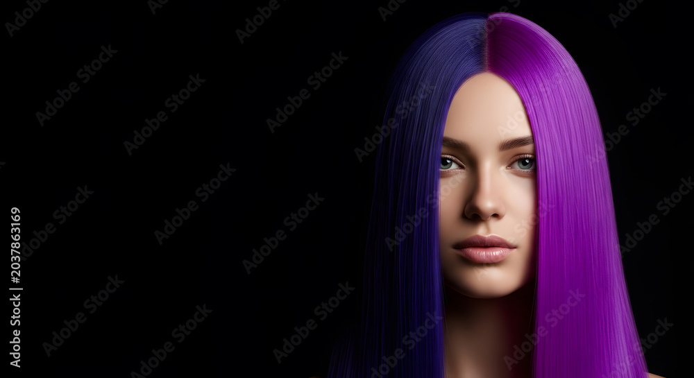 Fototapeta premium Beautiful Woman with Long Purple and Blue Hair | Split Color Hairstyle Fashion Portrait | Creative Hair Dye Trends and Professional Beauty Care | Sleek Straight Hair Model on Black Background