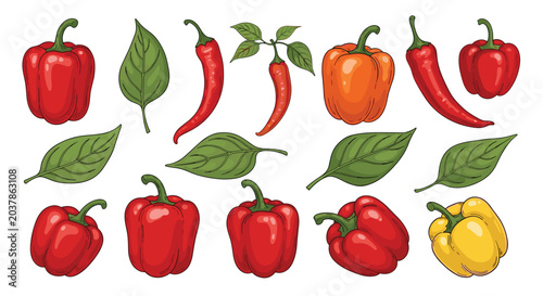 Assortment of fresh peppers and leaves including red bell peppers and long red chili peppers on a white background.