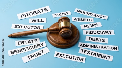 Probate law and estate planning concept, wooden judge gavel with legal terms on paper slips, inheritance and will administration on blue background