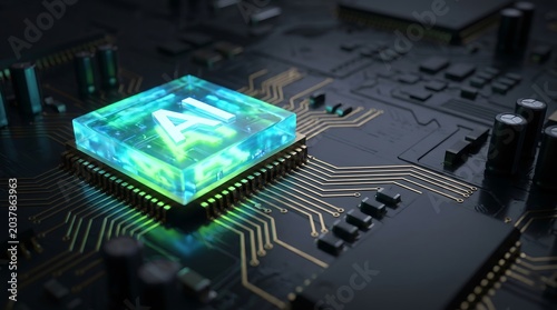 Artificial Intelligence Processor on advanced circuit board, symbolizing future deep learning and smart computing for global digital transformation innovation.