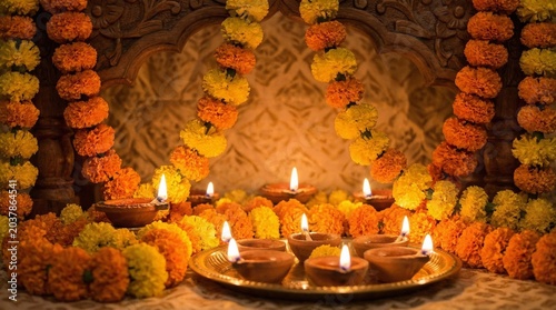 Traditional clay oil lamps glowing brightly amidst vibrant yellow and orange marigold flower garland decorations