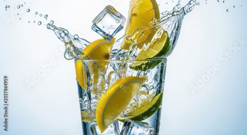 Vibrant lemon and lime wedges splash dramatically into clear, cold water and ice cubes, symbolizing extreme sourness, tang, and intense refreshment, ice, beverage, wet