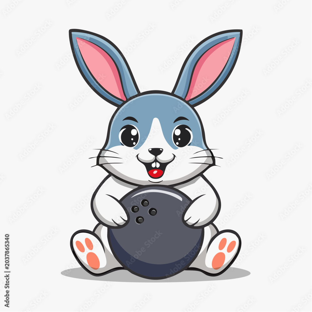 Fototapeta premium Cute cartoon rabbit holding a bowling ball