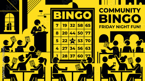Community Bingo Night with People Playing and a Caller.