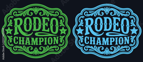 ornate classic rodeo champion cowboy style buckle medal typographic tag emblem, luxurious cowgirl bull rider gold and silver medal engraving vector label design for premium western rank titles.