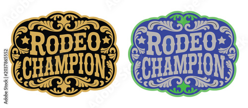 Tableau sur toile ornate classic rodeo champion cowboy style buckle medal typographic tag emblem, luxurious cowgirl bull rider gold and silver medal engraving vector label design for premium western rank titles