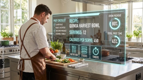 Professional chef preparing a healthy quinoa harvest bowl in a modern kitchen with augmented reality digital interface overlay