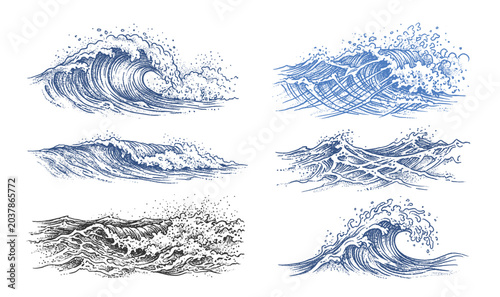 Obraz na płótnie Vintage wave illustration ocean waves cresting water sea splash foam curl nature