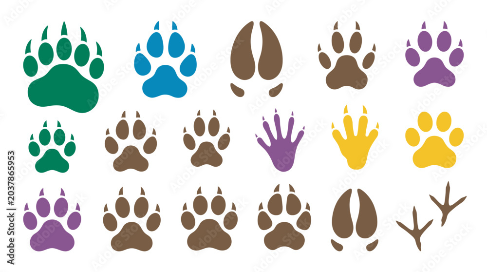 Fototapeta premium Collection Of Animal Paw Prints In Various Colors Silhouette