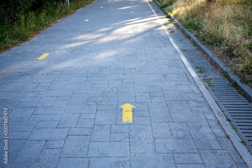 Yellow arrow indicating the Way to Santiago de Compostela to pilgrims on their journey in search of Faith