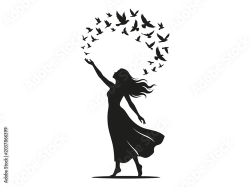 Silhouette of a woman releasing a flock of birds into the sky.