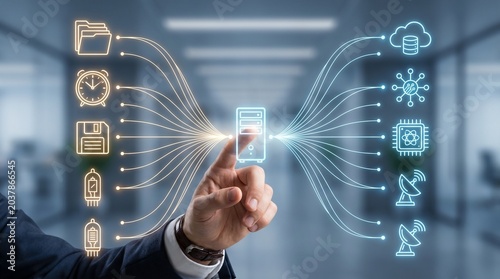 Digital transformation concept with hand touching server icon connecting legacy technology to modern cloud and network systems