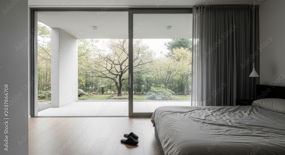 Fototapeta premium Minimalist bedroom with large windows and natural light