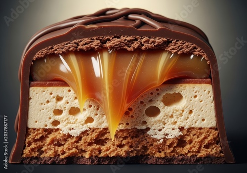 Close up macro shot showing the rich, layered texture of a decadent chocolate candy bar, highlighting the gooey caramel and crunchy nougat, sweet, crispy, tempting