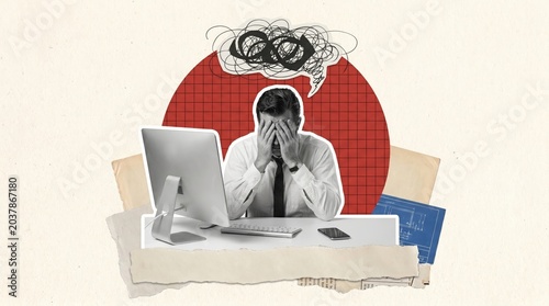 Coping with work burnout office stress mixed media collage creative environment abstract viewpoint
