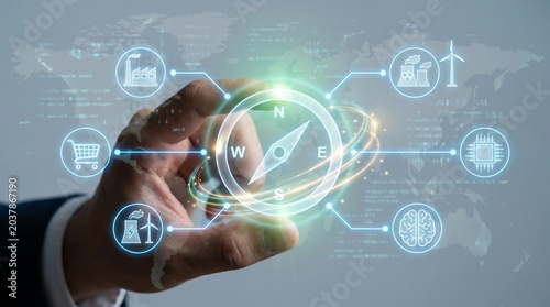 Digital transformation and global business strategy concept with a hand holding a glowing compass interface and connected icons