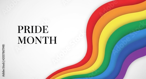 Pride Month banner with rainbow waves, LGBTQ community celebration background, colorful paper cut style stripes on white, inclusive pride month concept