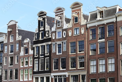 Amsterdam Canal Traditional House Facades With Neck Gables View, Netherlands