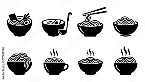 Noodle, bowl, soup, food icons, 8 black silhouettes, vector set