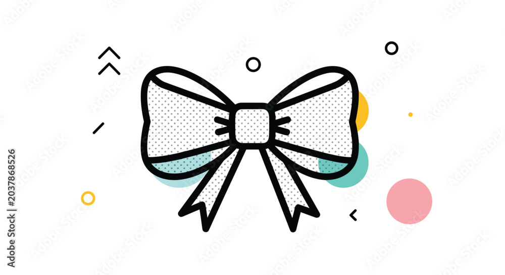 Fototapeta premium Stylized line art illustration of bow tie or ribbon with stippled texture, surrounded by colorful abstract dots and shapes on a white background.