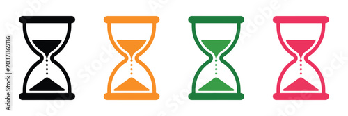 Photos Four Hourglass Designs with Different Colors and Sand Levels, Time Passing Conce