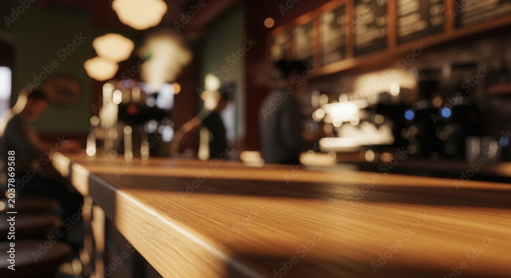 Fototapeta premium Cozy Coffee Shop Interior with Barista and Customers Blurred Background.