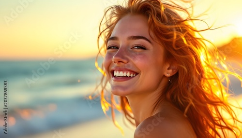 A smiling, sunlit portrait of a young woman at the beach, conveying freedom and joy, perfect for travel blogs, summer campaigns, or lifestyle magazines.