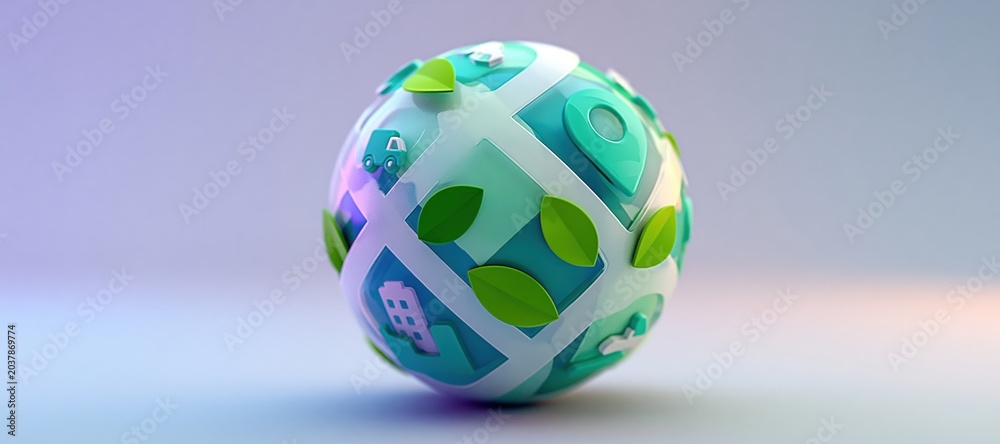 Fototapeta premium Sustainable mobility app concept with floating translucent route sphere and eco transport icons