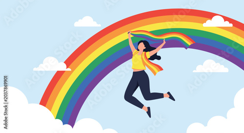 Happy woman jumping high in the sky while holding a pride flag in front of a colorful rainbow for equality.