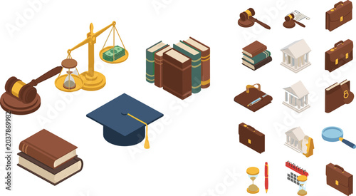 Isometric Law and Justice Icon Set with Gavel, Scale, Books, and Graduation Cap Vector
