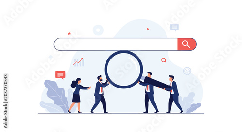 Team of business professionals working together to hold a giant magnifying glass under a digital search engine bar to find data.