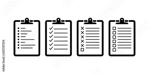 Clipboards checklist icons with various markings and symbols featuring clipboard, checkmarks, crosses with squares and bullet points elements for