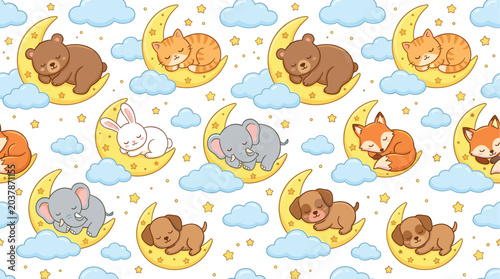 Schilderij op canvas Vector illustration of cute animals sleeping on crescent moons with stars and cl